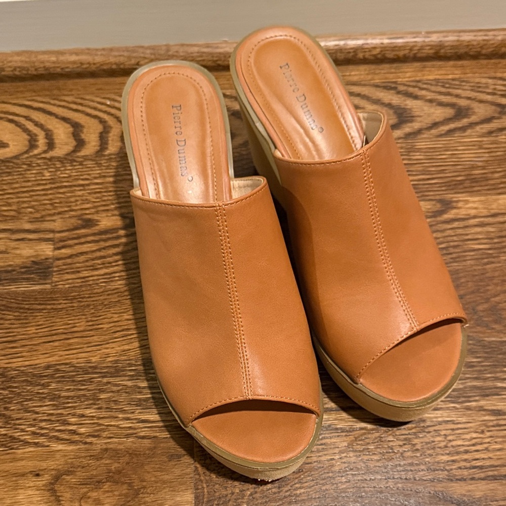 Pierre Dumas Tan Open-Toe Slide Wedge Mules